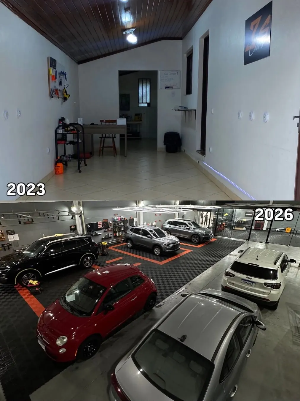 Comparação do espaço da 3S Cars em 2023 e da operação estruturada em 2026