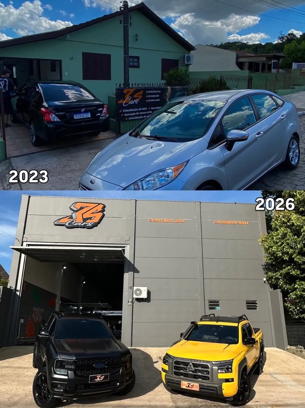 Comparação da 3S Cars em 2023 e 2026, da primeira garagem ao centro de estética automotiva